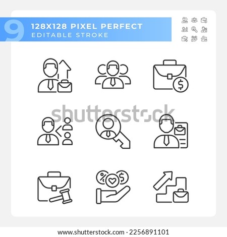 Job related pixel perfect linear icons set. Hiring process. Company employee. Salary. Career development. Customizable thin line symbols. Isolated vector outline illustrations. Editable stroke