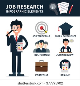 Job research vector infographic element. Man with magnifier and resume in hands.