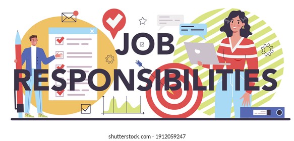 Job responsibilities typographic header. Personnel management and empolyee adaptation. HR manager providing new empolyee with job instructions. Isolated flat vector illustration