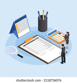 Lista de responsabilidad de trabajo panner isométrico 3d de concepto de ilustración vectorial, sitio web, página de inicio, anuncios, plantilla de volante
