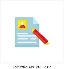 Job resume flat icon. CV letter, document, list. Personal recruitment information. Career biography. Job search, employment, career growth concept. Color vector illustration