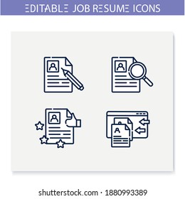 Job resume line icons set. CV letter, hr document. Search, rating, writing and more. Career biography. Job search, employment, career growth concept. Isolated vector illustrations.Editable stroke 