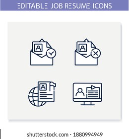 Job resume line icons set. CV document. Email, video, international resume and more. Career biography. Job search, employment, career growth concept. Isolated vector illustrations.Editable stroke 