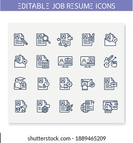 Job resume line icons set. CV letter, hr document.Skills, strengths, languages and more. Career biography. Job search, employment, career growth concept. Isolated vector illustrations.Editable stroke 
