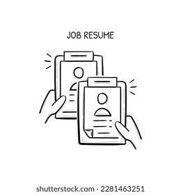 Job resume profile document file illustration. Employee recruitment icon doodle hand drawn line concept