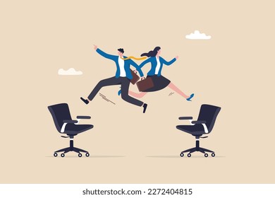 Job rotation or employee switch position for new skill and experience, moving to new responsibility within organization concept, businessman and woman jump on office chair metaphor of job rotation.