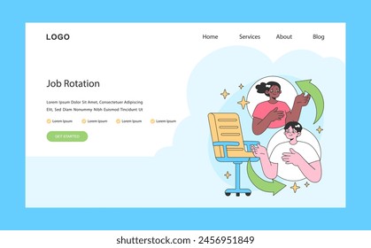 Job rotation web or landing. Exploring diverse roles for comprehensive skill development. Adaptable professionals discovering multifaceted career opportunities. Flat vector illustration.