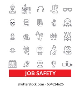 Job safety, assurance, immunity, security, protection, employment, safeness line icons. Job safety icons with editable strokes. vector illustration symbol concept. Worker protection linear signs 