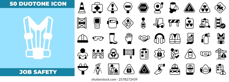 Job Safety Duotone Editable Icons set. Vector illustration in modern thin duotone style of job safety icons: emergency, first aid, evacuation, etc