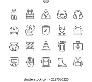 Job safety. Emergency. Fire extinguisher and traffic cone. Protective boots. Police vest. Pixel Perfect Vector Thin Line Icons. Simple Minimal Pictogram