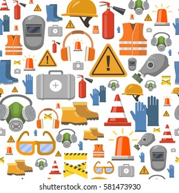 Job safety flat icons. Protective equipment seamless pattern . Workwear helmet, gloves, extinguisher, headphones vector illustration