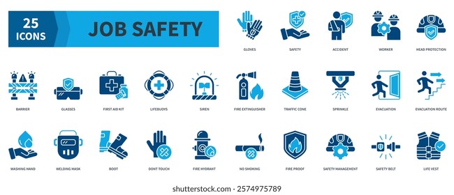 Job Safety Icon Collection Set. Containing gloves, safety, worker, head protection, first aid kit, boot, fire hydrant, safety management Icon. Simple Flat Vector. Blue Color Style