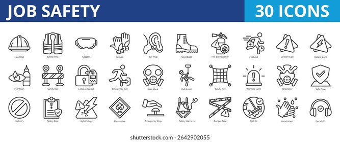 Job safety icon pack collection set for occupational health and safety management. With hard hat, safety vest, goggles, gloves, ear plug, steel boot, fire extinguisher, first aid, caution sign