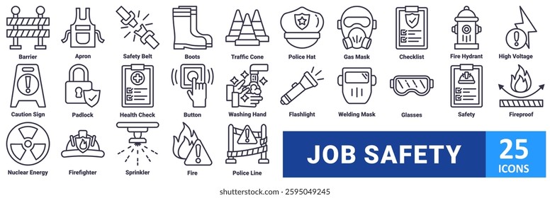 Job safety icon set. with icon barrier, apron, safety belt, boots, traffic cone, police hat, gas mask, checklist, fire hydrant, high voltage, caution sign, padlock, health check, button, washing hand