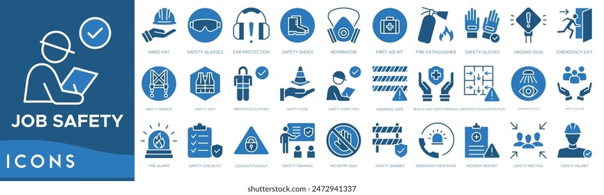 Job Safety icon set. Hard Hat, Safety Glasses, Ear Protection, Safety Shoes, Respirator, First Aid Kit, Fire Extinguisher and Safety Gloves