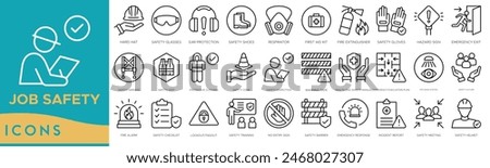 Job Safety icon set. Hard Hat, Safety Glasses, Ear Protection, Safety Shoes, Respirator, First Aid Kit, Fire Extinguisher and Safety Gloves