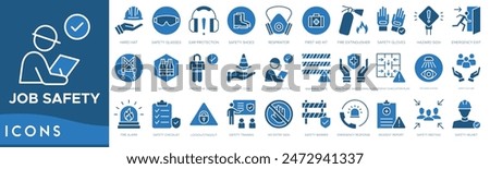 Job Safety icon set. Hard Hat, Safety Glasses, Ear Protection, Safety Shoes, Respirator, First Aid Kit, Fire Extinguisher and Safety Gloves