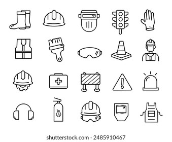  job safety icons such as apron, cone, worker, no smoke, safety, insurance, emergency button, warning vector thin line icons for web design, mobile app