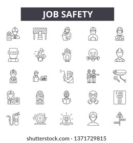 Job safety line icons, signs set, vector. Job safety outline concept, illustration: safety,job,worker,industry,construction,equipment,helmet