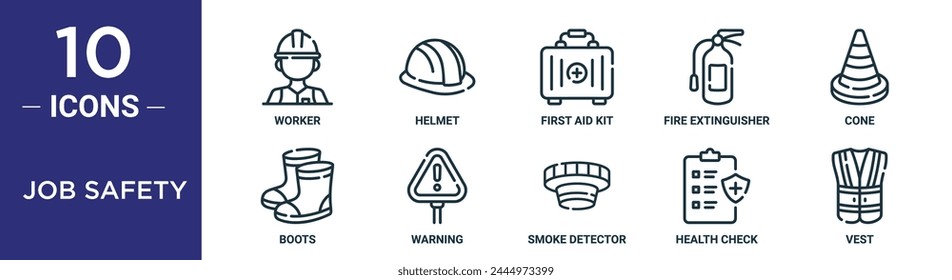 el conjunto de iconos de seguridad laboral incluye trabajador de línea fina, casco, kit de primeros auxilios, extintor de incendios, cono, botas, iconos de advertencia para el informe, presentación, diagrama, Diseño web