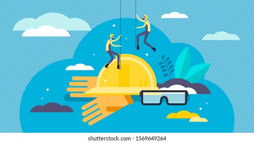 Job safety vector illustration. Flat tiny protection wear person concept. Professional outlook with gloves, glasses and helmet for health precaution and security in construction site or work in height