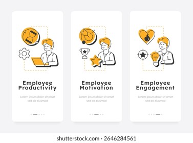 Job satisfaction benefits mobile app onboarding screens. Employee motivation, productivity. Workflow performance. Flat UI UX design, orange highlight with outline icons conceptual