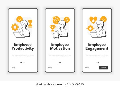 A satisfação no trabalho beneficia a tela de integração móvel. Motivação do funcionário. Ilustração da interface do usuário do UX. Ícones de estilo de estrutura de tópicos plana com ênfase em laranja