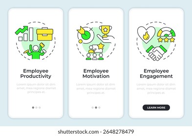 Job satisfaction benefits onboarding mobile app screen. Walkthrough 3 steps editable graphic instructions with linear concepts. UI, UX, GUI