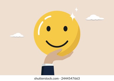 Job satisfaction, cheerful morality or endorphins for positive thinking, emotional intelligence concept, businessman hands carrying big happy smile face.