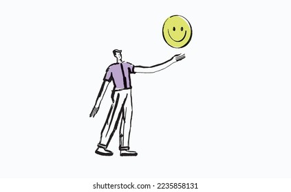  Job satisfaction or company benefit, happy workplace or positive attitude,employee happiness, work motivation concept, happy businessman and woman holding smiling face symbol in joyful workplace.