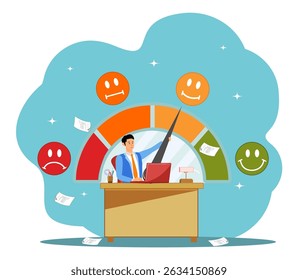 Job satisfaction concept, career growth or workload, businessman working at office desk with satisfaction rating.