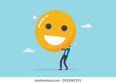 Job satisfaction, employee happiness or optimistic attitude, cheerful morality or endorphins for positive thinking, feel good, emotional intelligence concept, businessman carry big happy smile face.