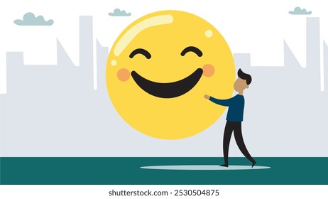 Job satisfaction, employee happiness or optimistic attitude, cheerful morality or endorphins for positive thinking, feel good, emotional intelligence concept, businessman carry big happy smile face.