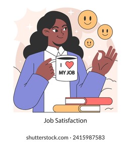 Job satisfaction. Female business character holding a mug love my job. Celebrating positive workplace culture and personal fulfillment. Flat vector illustration.