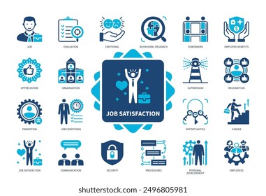 Conjunto de iconos de satisfacción de trabajo. Apreciación, Oportunidades, Desarrollo personal, Trabajo, Evaluación, Promoción, Seguridad, Empleados. Iconos sólidos de color duotono