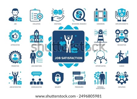 Job Satisfaction icon set. Appreciation, Opportunities, Personal Development, Job, Evaluation, Promotion, Security, Employees. Duotone color solid icons