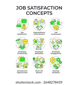 Job satisfaction multi color concept icons. Workflow organization. Employee motivation, productivity. Icon pack. Vector images. Round shape illustrations for article, blog post. Abstract idea