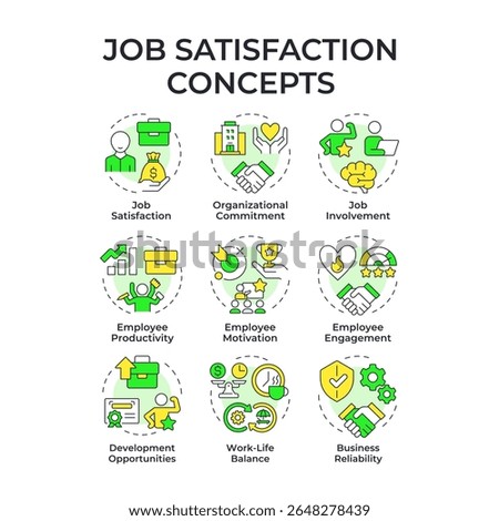 Job satisfaction multi color concept icons. Workflow organization. Employee motivation, productivity. Icon pack. Vector images. Round shape illustrations for article, blog post. Abstract idea