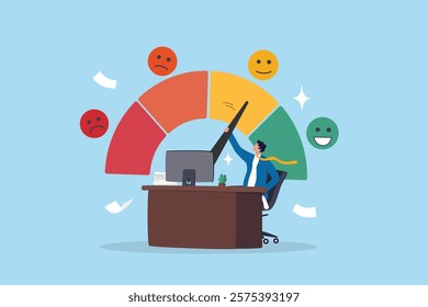 Job satisfaction, work environment wellbeing, office quality happiness, work life balance score rating, career growth or workload concept, businessman working at office desk with satisfaction rating.