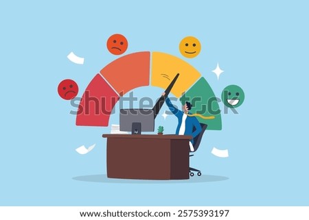 Job satisfaction, work environment wellbeing, office quality happiness, work life balance score rating, career growth or workload concept, businessman working at office desk with satisfaction rating.