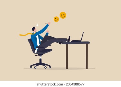 Satisfacción laboral, felicidad laboral, amor a tu carrera o motivación para ir al trabajo, aprecio tras el concepto de trabajo final, feliz empresario con emoción alegre y positiva celebrando su trabajo final.