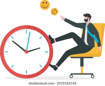 Satisfação no trabalho, felicidade no trabalho, ame sua carreira ou motivação para ir ao trabalho, apreciação após o conceito de trabalho final, homem de negócios feliz com emoção alegre e positiva comemorando seu trabalho final.
