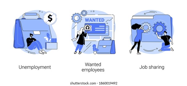 Job search abstract concept vector illustration set. Unemployment, wanted employees, job sharing, we are hiring, open vacancies, work schedule, join our team, responsibility abstract metaphor.