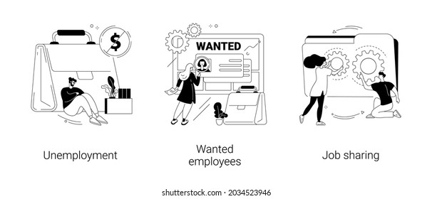 Job search abstract concept vector illustration set. Unemployment, wanted employees, job sharing, we are hiring, open vacancies, work schedule, join our team, responsibility abstract metaphor.