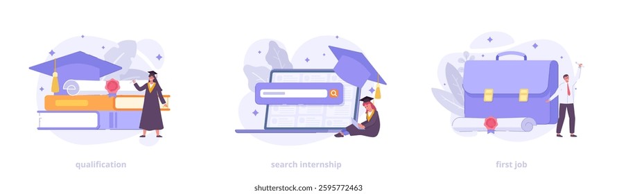 Job search after graduation and internship hunting concept.  Flat icon set with characters for landing page. Vector illustration collection for website, banner, print.