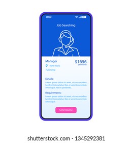 Job search app smartphone interface vector template. Mobile page blue design layout. Job description, profile website screen. Flat UI for application. Recruitment, employment service. Phone display