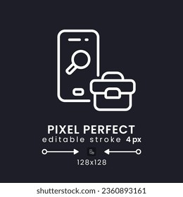 Job Search app white linear desktop icon on black. Recruiting software. Employment marketplace. Pixel perfect 128x128, outline 4px. Isolated user interface symbol for dark theme. Editable stroke