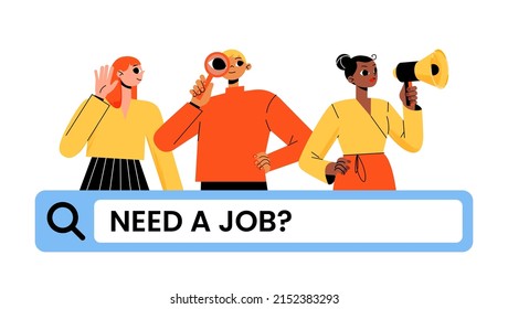 Job search banner, we are hiring recruitment concept with hr managers search candidate making announcement and browser bar. Characters with loudspeaker and glass. Human resource linear flat vector ads