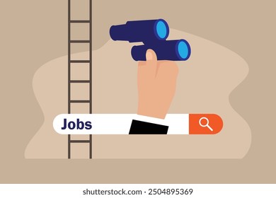 Job search bar with binoculars. Looking for new job, employment, seek for vacancy or work position 2d flat vector illustrations