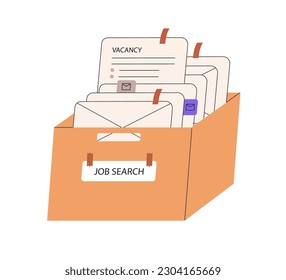 Job search box with offers, vacancies. Available vacant positions, inbox mail letters, CV responses. Employment, recruitment, HR concept. Flat vector illustration isolated on white background